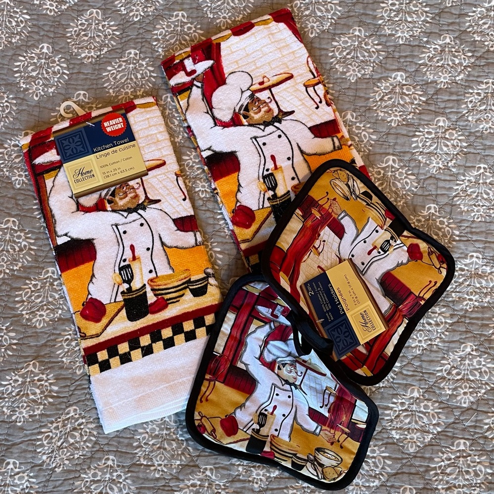 Cute Italian Chef Tea Towels and Pot Holders Set for Kitchen NWT - Picture 7 of 7